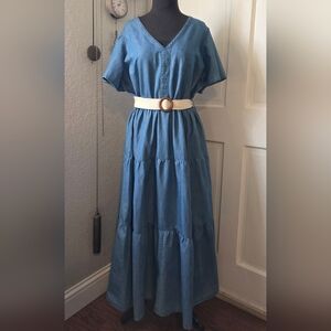 Chambray Blue Maxi Dress with Belt
